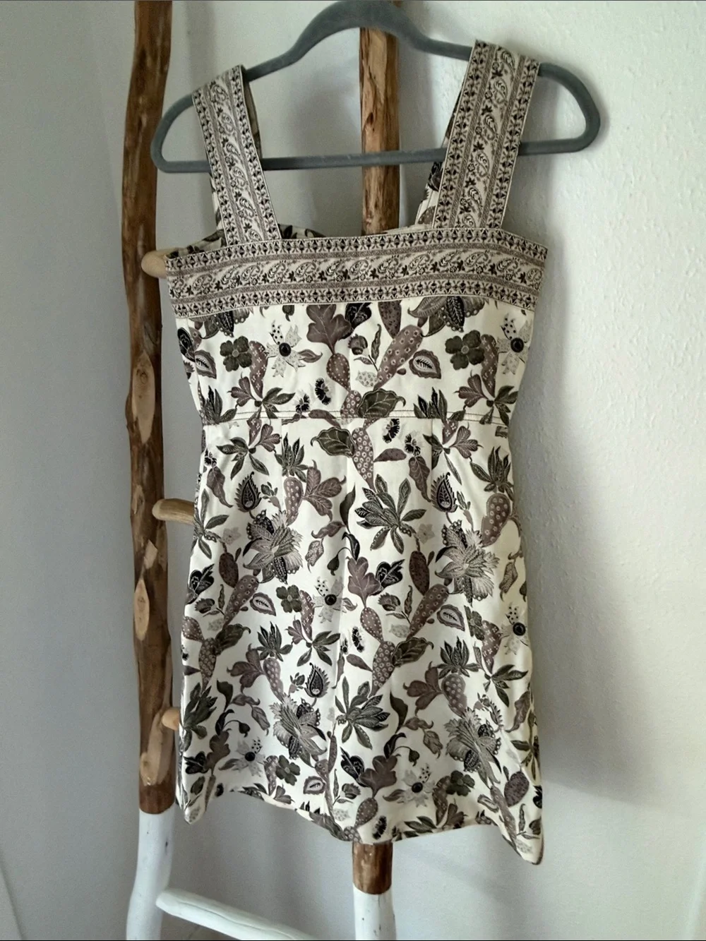 Tory Burch Cream Grey Floral Swuare Neck A-Line Mikado Mini Dress  Print 2 XS